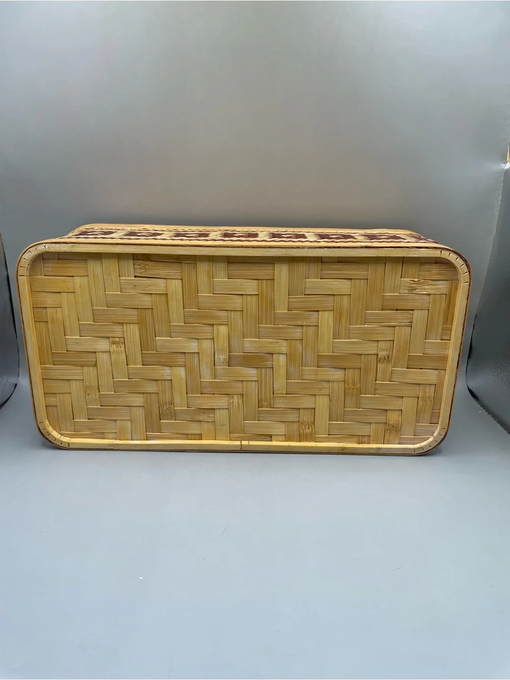 Vintage Bamboo Woven Red Geometric Design Tissue Box Cover With Lid 10.5x3.5”